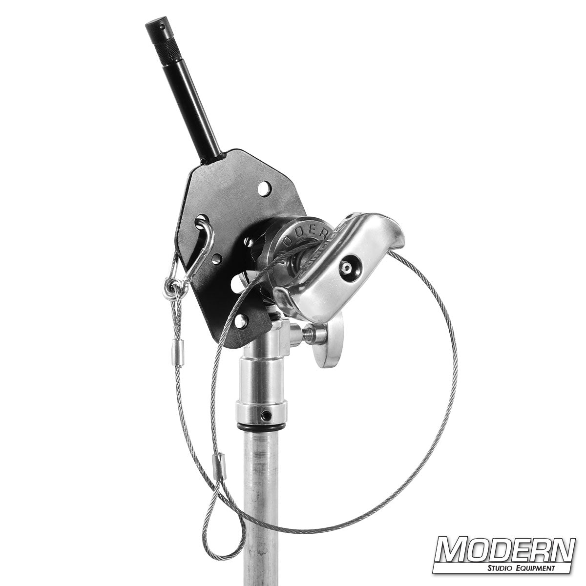 Modern Studio Equipment Baby Pin with Ear featuring 5/8 inch baby pin and multi-hole mounting plate for film lighting and grip rigging