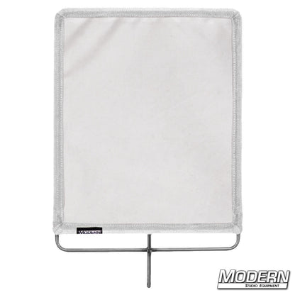 Small bleached muslin flag with white diffusion fabric on metal frame for light control.