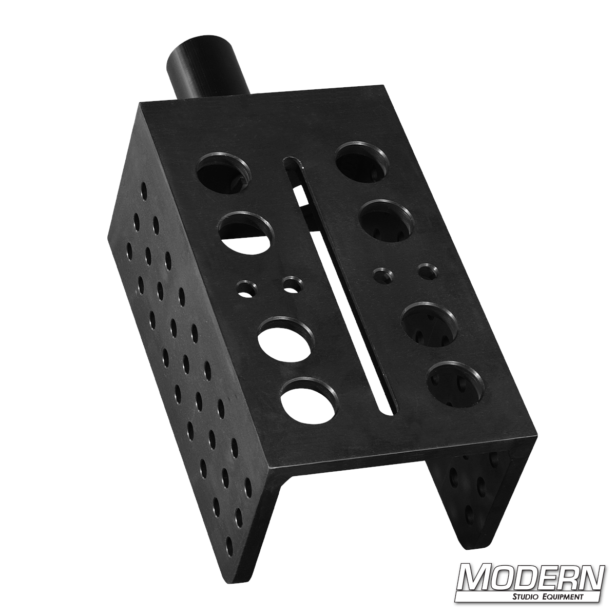 Heavy-duty camera L-plate with integrated starter fitting and precision mounting holes for camera rigging, support systems, and motion picture production applications