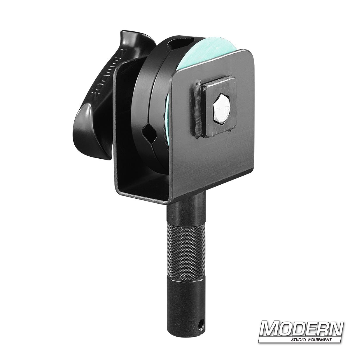 Center mounted 4-1/2 inch grip head with junior pin for mounting flags, scrims, cutters, frames, and lighting control equipment in film and studio productions