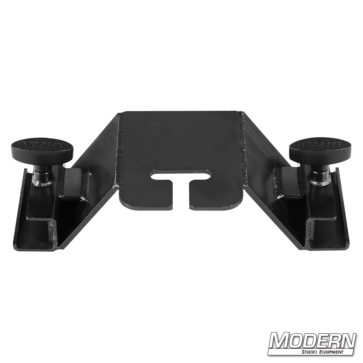 Black double ear rigging bracket for 1-inch square tubing with adjustable locking knobs, designed to suspend two parallel frames 10 inches apart for professional film and television production.