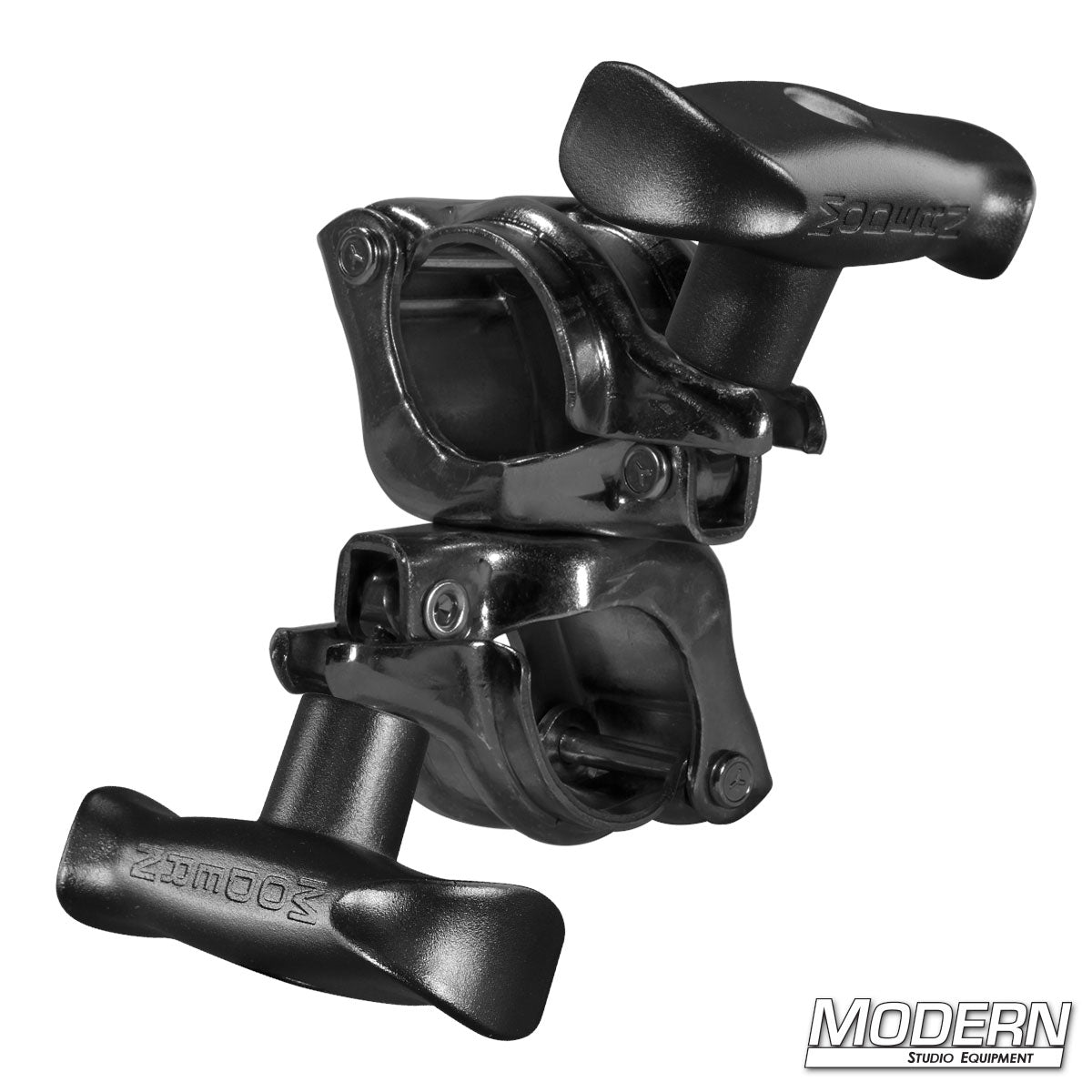 Fixed Cheeseboro Clamp with black zinc finish for connecting 1-1/4-inch and 1-1/2-inch Schedule 40 Speed-Rail® pipe in professional film, television, lighting, and stage rigging applications.