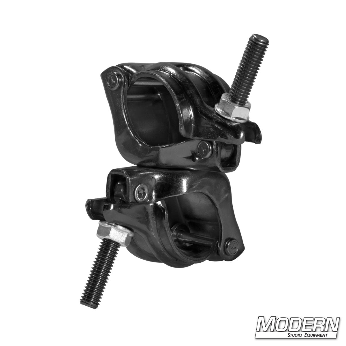 Fixed Cheeseboro Clamp with black zinc finish for connecting 1-1/4-inch and 1-1/2-inch Schedule 40 Speed-Rail® pipe in professional film, television, lighting, and stage rigging applications.
