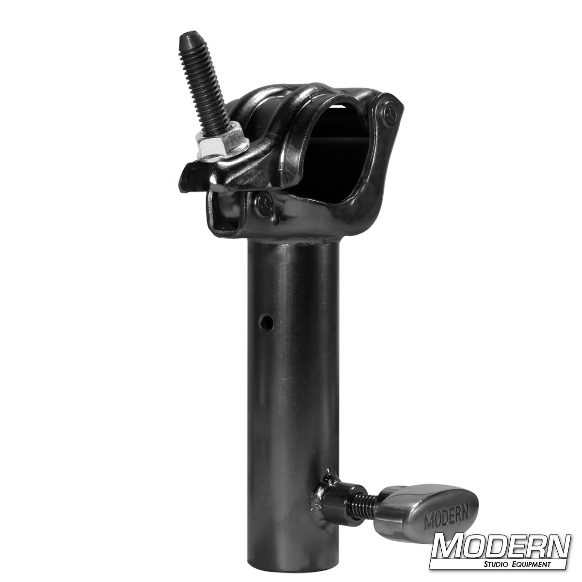 Grid clamp built by Modern Studio Equipment with integrated 1-1/8 inch junior receiver for studio lighting and production rigging