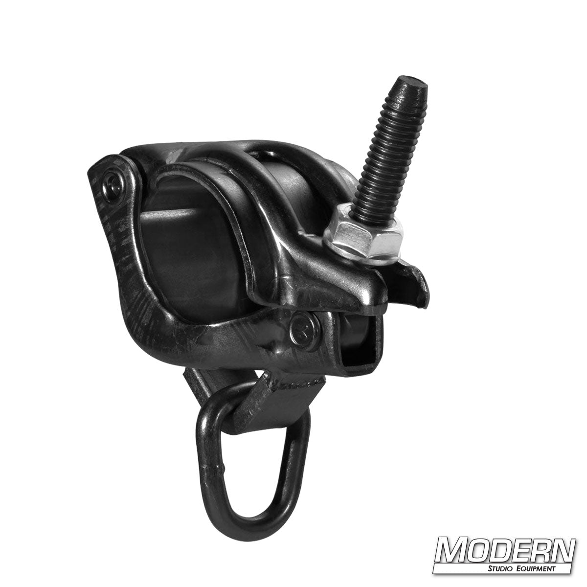 Grid Clamp with Swivel D-Ring mounted on Schedule 40 Speed-Rail® pipe for film, television, studio lighting, overhead rigging, and professional grip equipment.