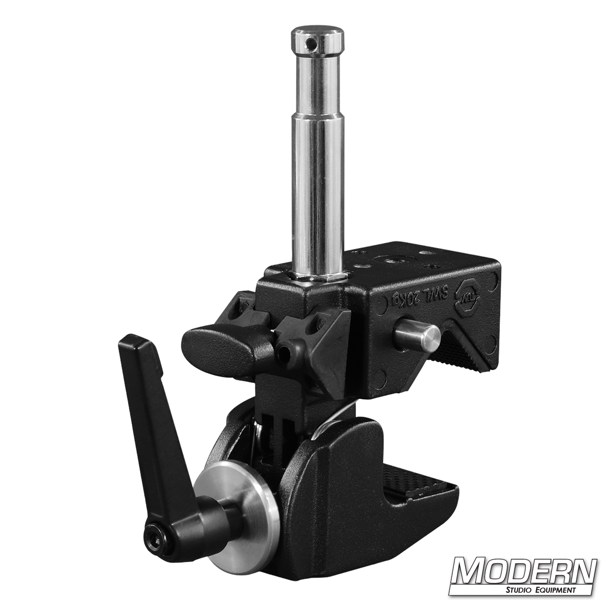 Heavy-duty Mafer clamp with ratchet handle, snap-in pin, and saddle for mounting lighting, grip, and rigging equipment on film and studio sets