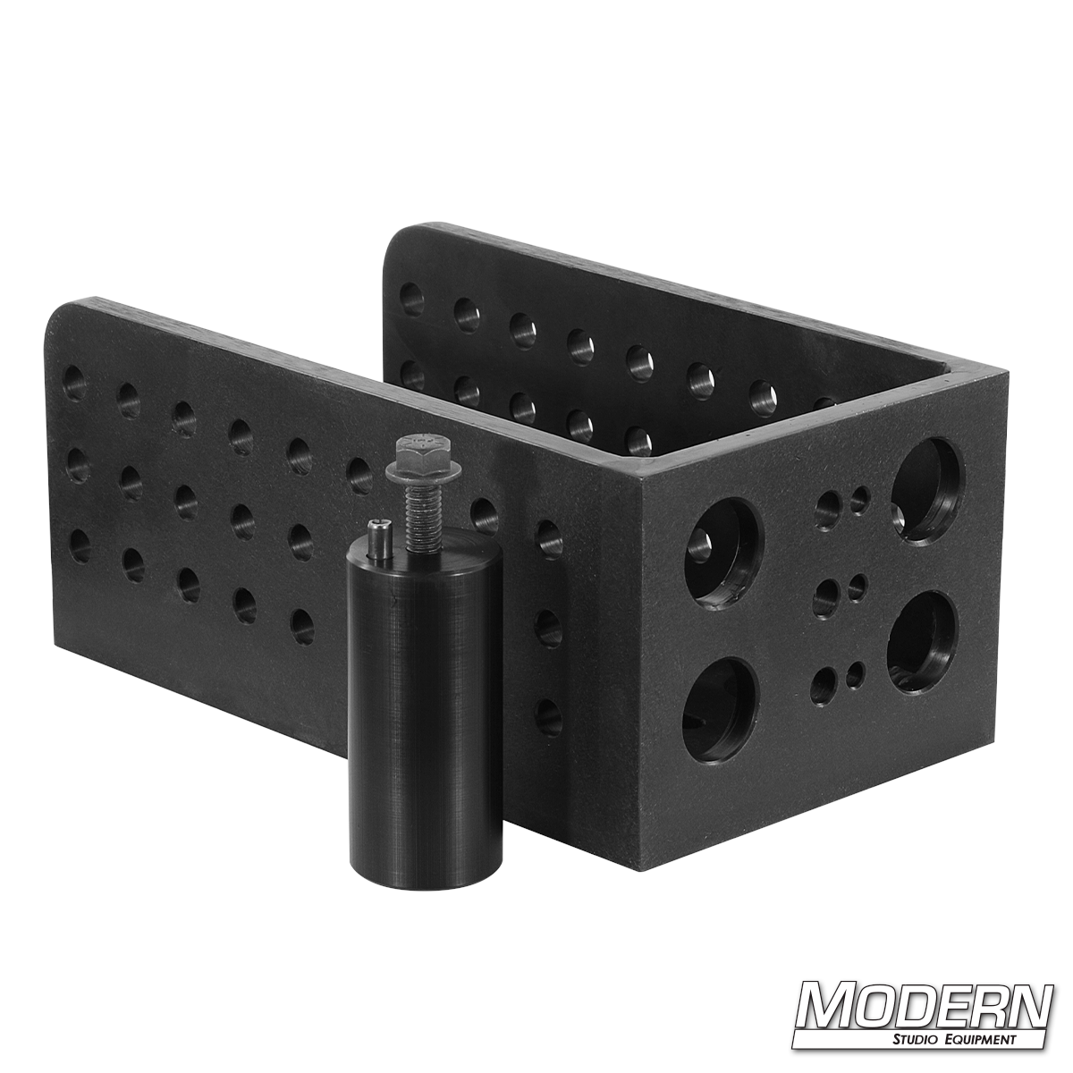 Heavy-duty camera L-plate with integrated starter fitting and precision mounting holes for camera rigging, support systems, and motion picture production applications