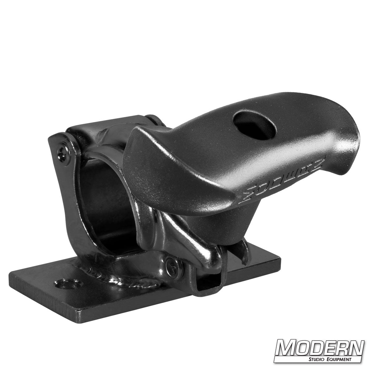 Grid Clamp with 2 inch x 4 inch x 1/4 inch flat steel plate for 1-1/4 inch and 1-1/2 inch Schedule 40 Speed-Rail® used in film, television, studio lighting, and professional rigging applications.