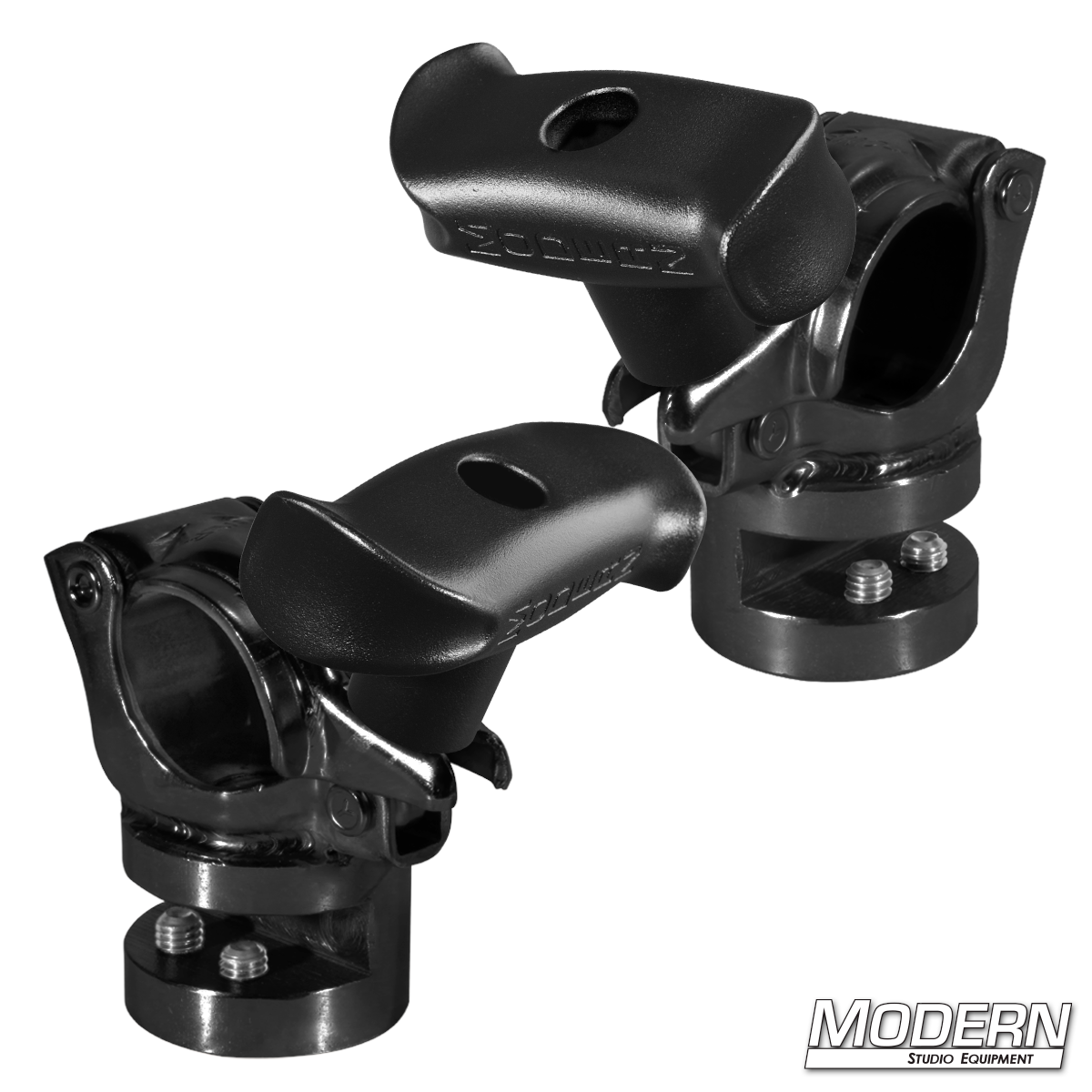 Set of two heavy-duty I-Beam Grid Clamps for adapting 1-1/4 inch and 1-1/2 inch Schedule 40 Speed-Rail® to structural I-beams for film, television, studio lighting, and overhead rigging.