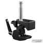 Heavy-duty Mafer clamp with ratchet handle, snap-in pin, and saddle for mounting lighting, grip, and rigging equipment on film and studio sets