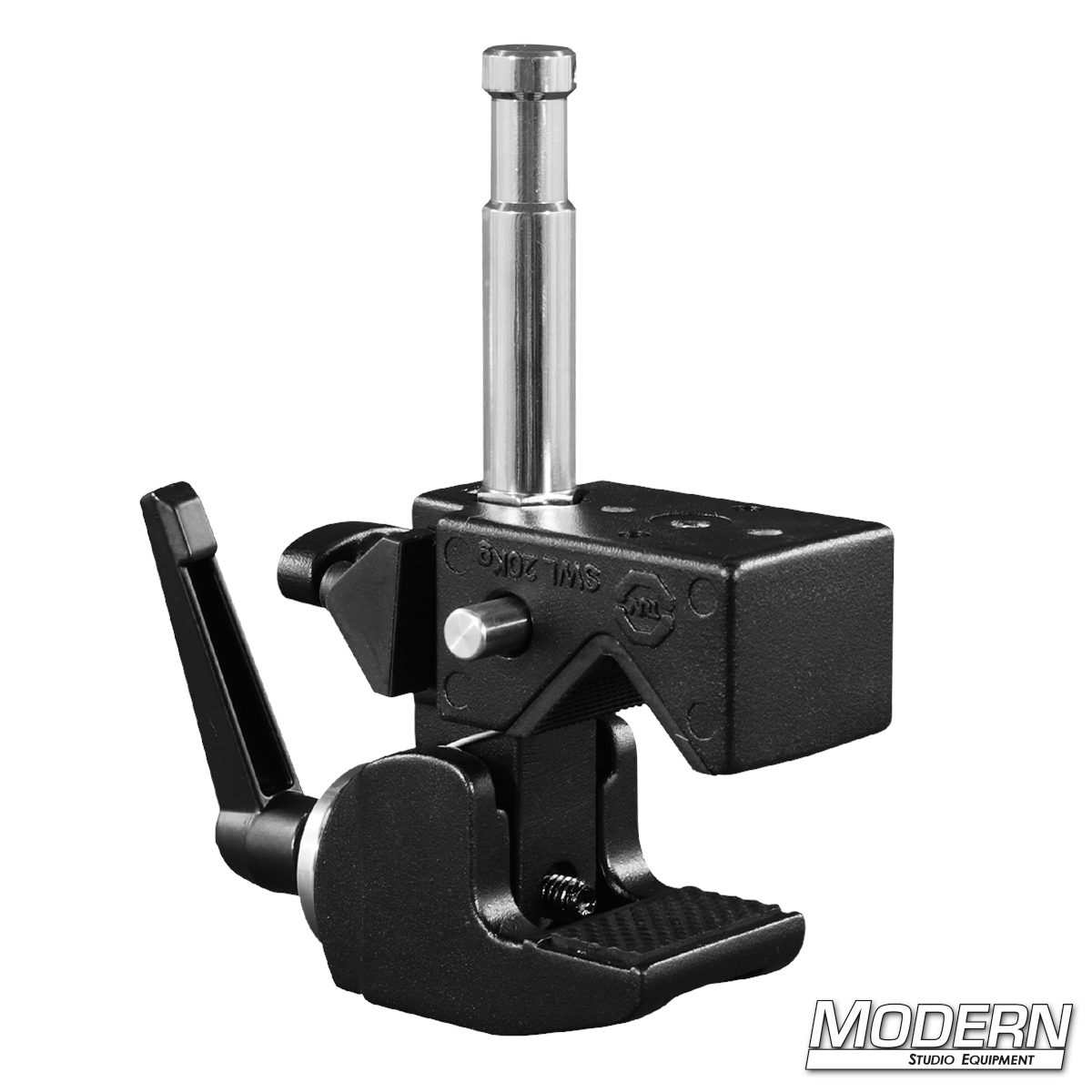 Heavy-duty Mafer clamp with ratchet handle, snap-in pin, and saddle for mounting lighting, grip, and rigging equipment on film and studio sets