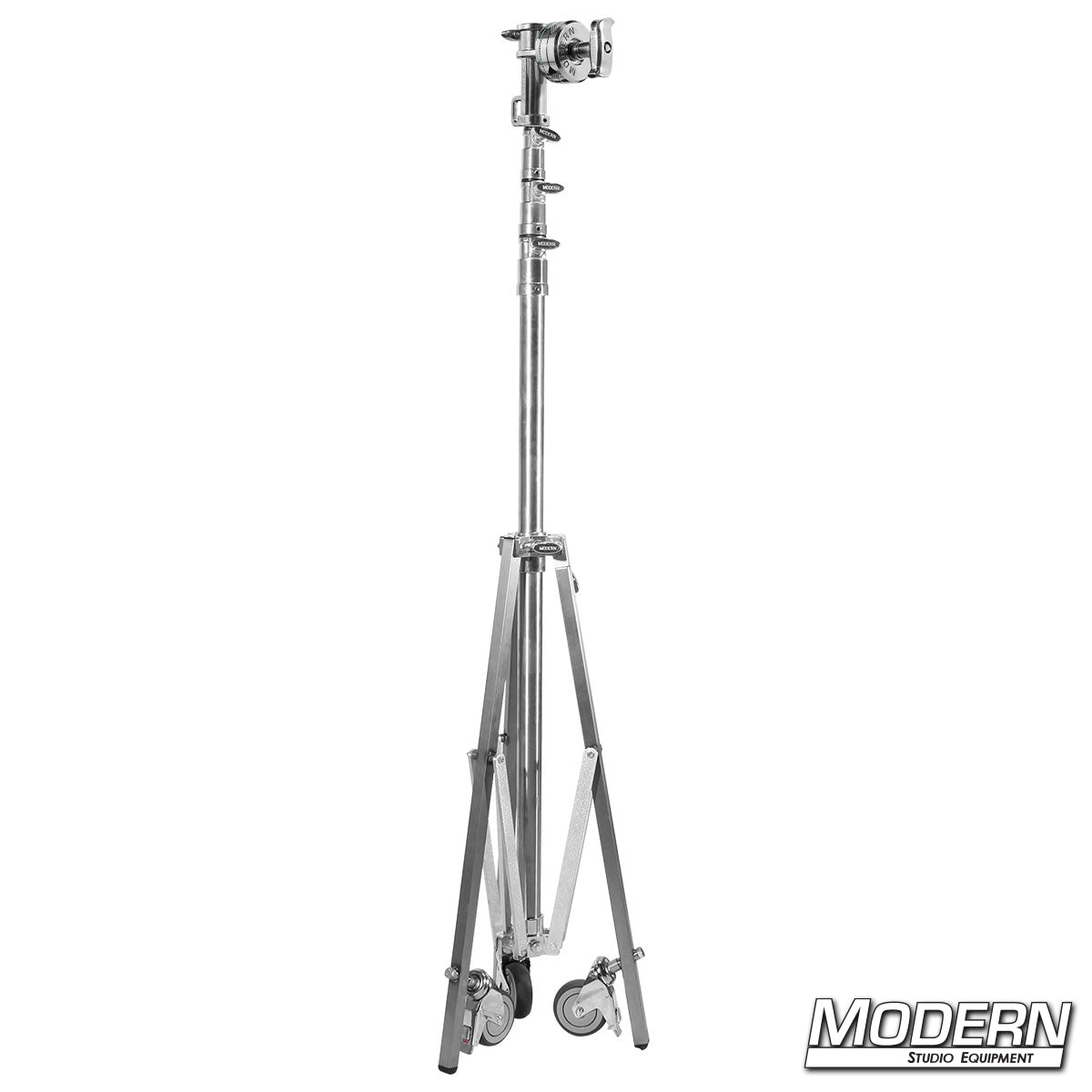 Medium roller stand with Rocky Mountain leg and 4-1/2" grip head, ideal for supporting heavy lighting equipment on film and TV sets.