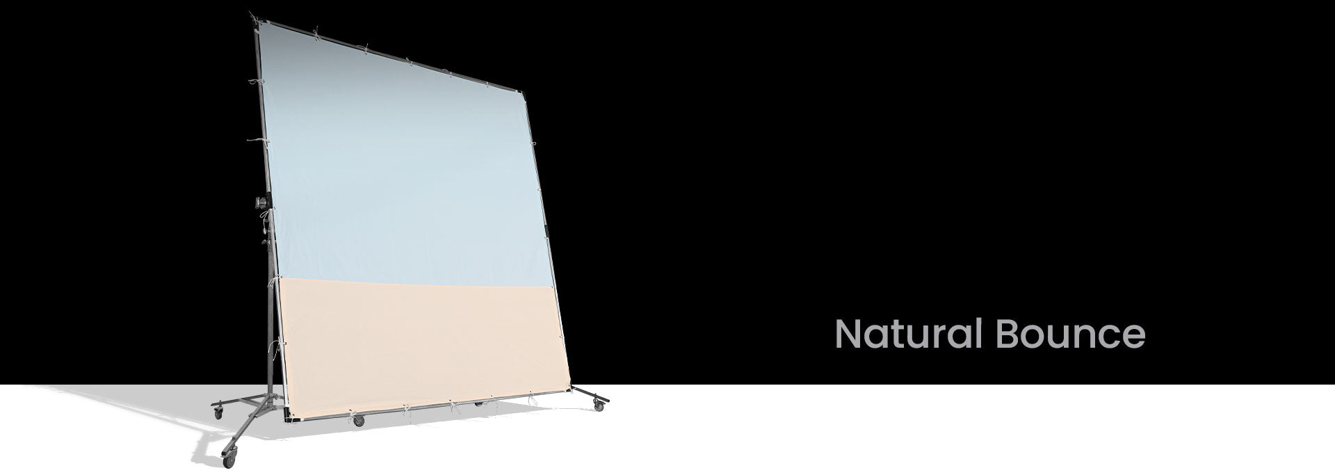 Natural bounce overhead frame for film and television lighting diffusion setup on rolling studio stand