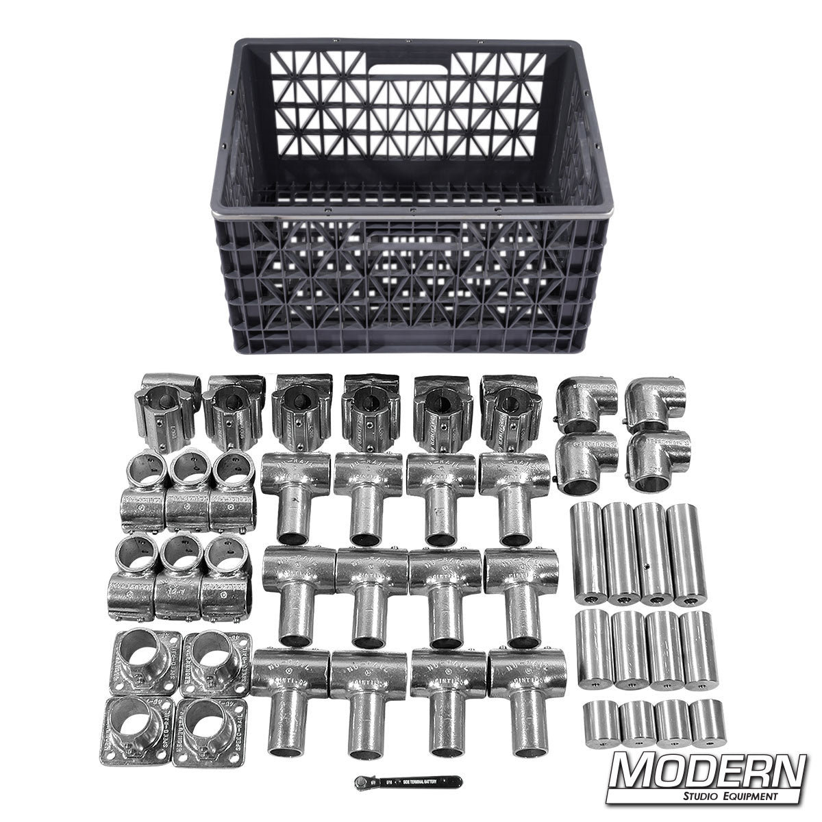 On The Go Speed-Rail Kit with Speed-Rail fittings, crosses, elbows, swivels, floor flanges, and milk crate storage for professional grip and rigging applications.