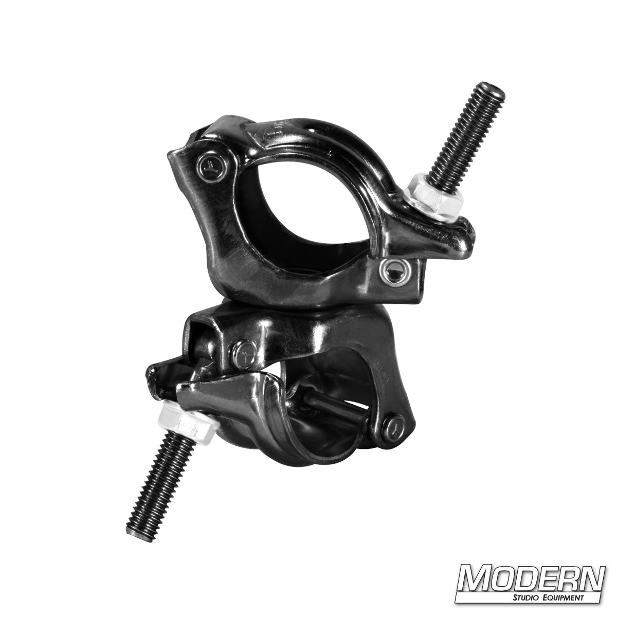 Swivel Cheeseboro Clamp with black zinc finish for connecting 1-1/4-inch and 1-1/2-inch Schedule 40 Speed-Rail® pipe in adjustable film, television, stage, and lighting rigging applications.