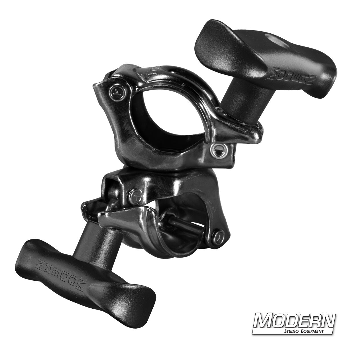 Swivel Cheeseboro Clamp with black zinc finish for connecting 1-1/4-inch and 1-1/2-inch Schedule 40 Speed-Rail® pipe in adjustable film, television, stage, and lighting rigging applications.
