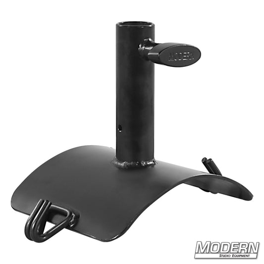 Concave plate with junior receiver – steel mounting plate for securing 1-1/8" junior pins to curved or uneven surfaces in film production.