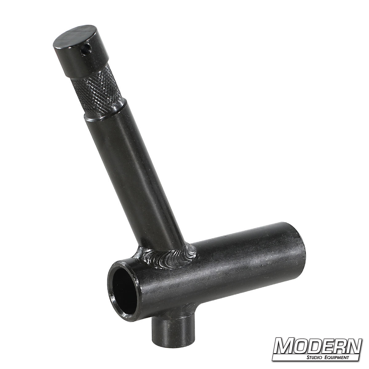 Baby Cheater adapter with 5/8" receiver to 45-degree baby pin, precision grip hardware for mounting lights and accessories at an angled position on set.