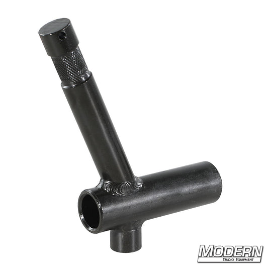 Baby Cheater adapter with 5/8" receiver to 45-degree baby pin, precision grip hardware for mounting lights and accessories at an angled position on set.