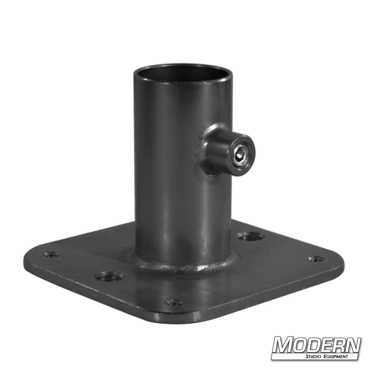 Black metal pipe flange base designed for 1" schedule 40 Speed-rail receiver, with multiple holes for mounting.