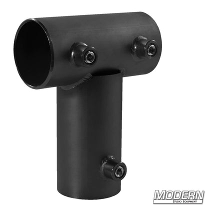 A black metal pipe tee receiver designed for adding additional length to a Speed-Rail frame.
