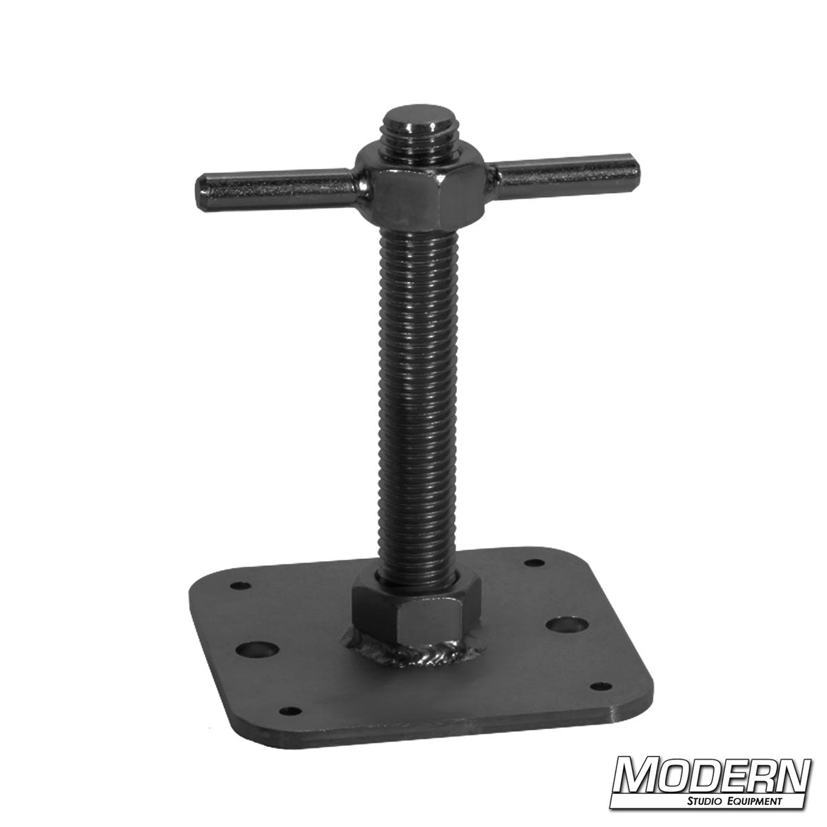 A black metal screw jack designed for use with Speed-Rail wall spreaders.