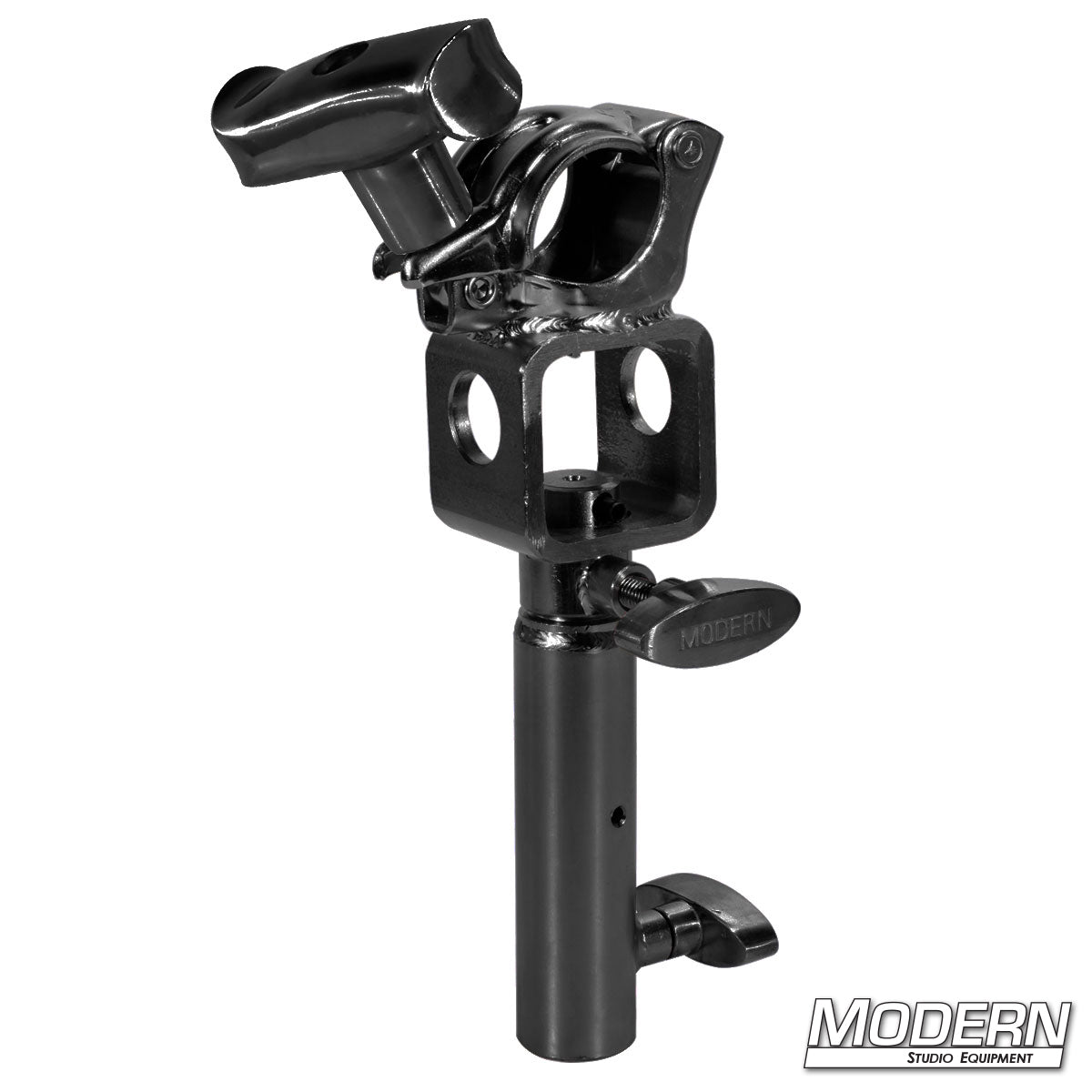 Grid clamp with 1-1/8 inch Junior swivel receiver with Handle— heavy-duty aluminum clamp for pipe grids and overhead rigging with adjustable swivel mount | Modern Studio Equipment