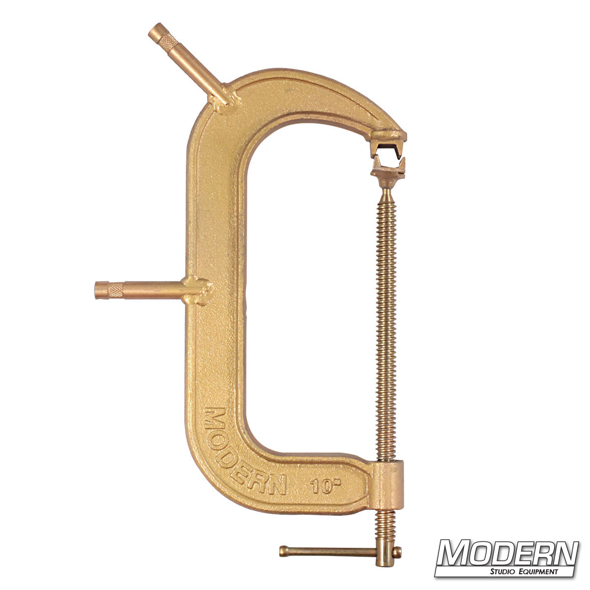 10-inch Baby C-Clamp with 5/8" baby pin, industrial grip clamp for securing lighting fixtures and rigging components to beams or frames on set.