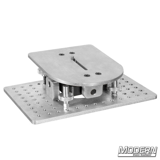 Front view of 4-way leveling camera mount featuring 3/8 inch slotted plate and adjustable leveling controls.
