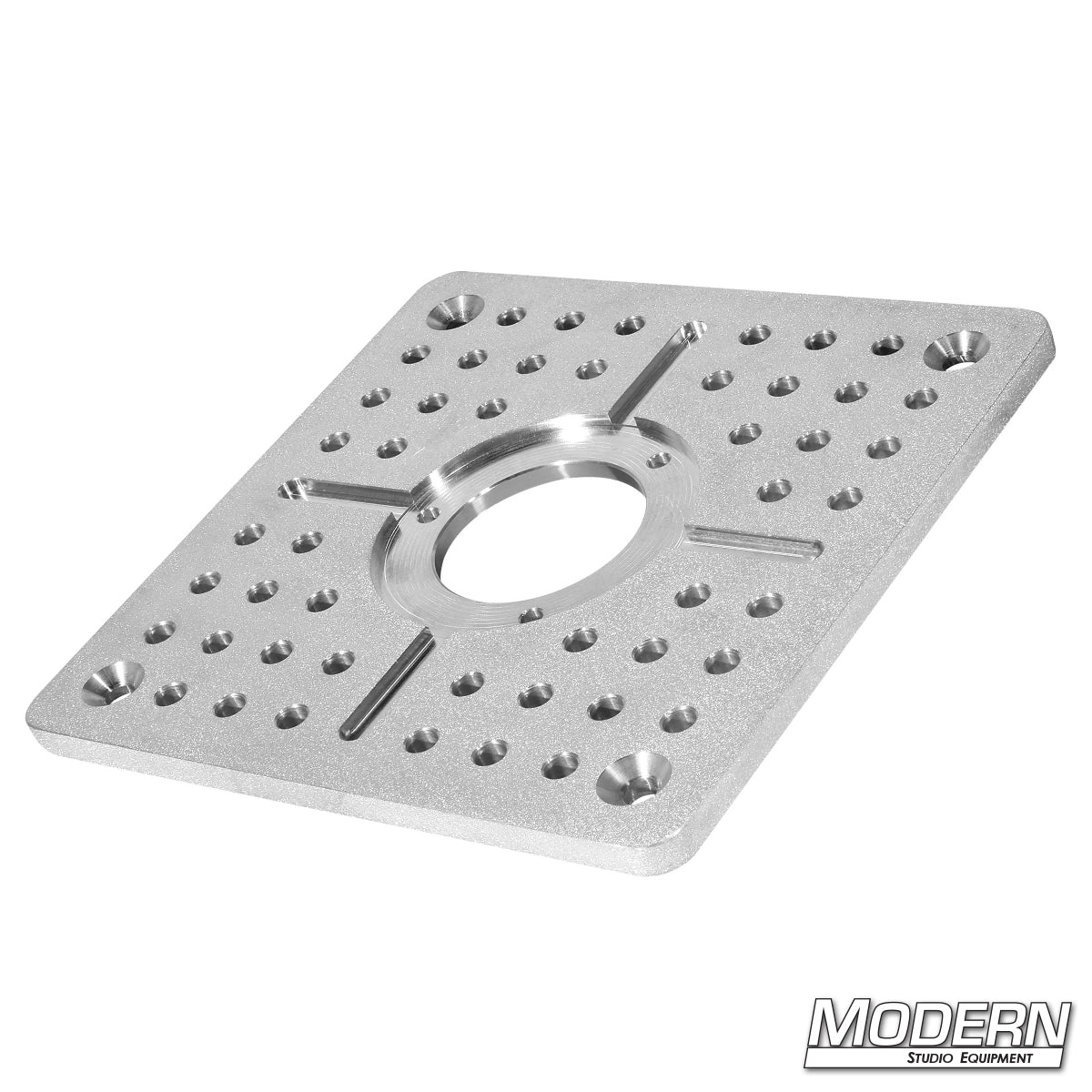 Mitchell Cheese Plate 10" x 10" x 1/2" — heavy-duty aluminum cheese plate with Mitchell mount and multiple rigging holes for film, TV, camera rigs, and lighting setups | Modern Studio Equipment