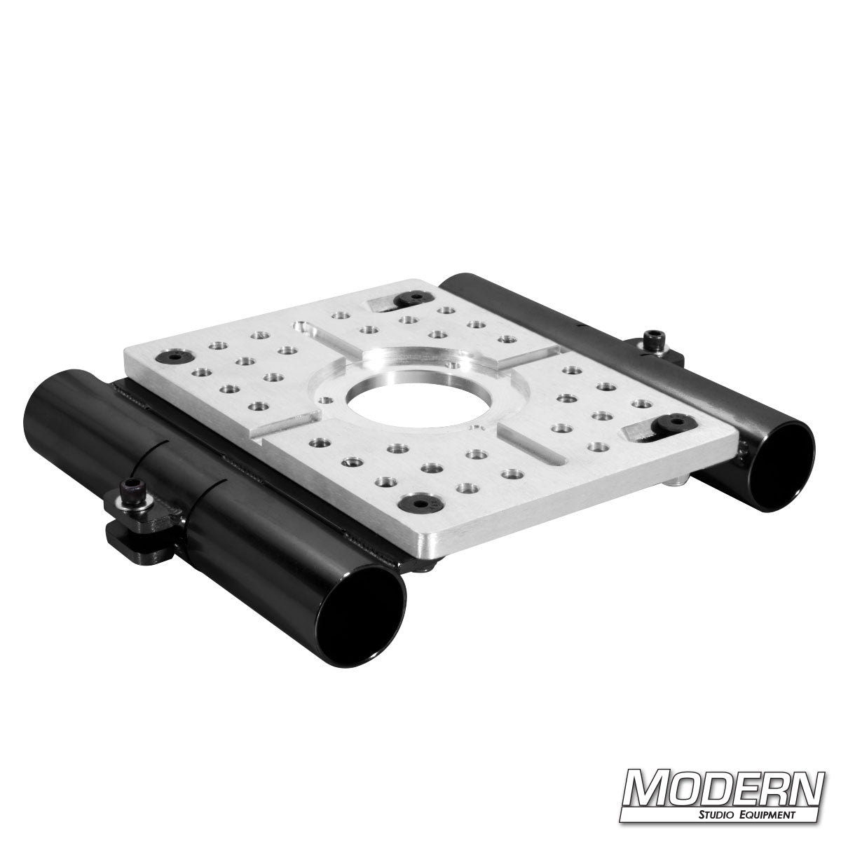 Mitchell Truss Plate with two 1-1/4" slider brackets—precision rigging hardware for mounting Mitchell base equipment to truss systems in film and TV production.