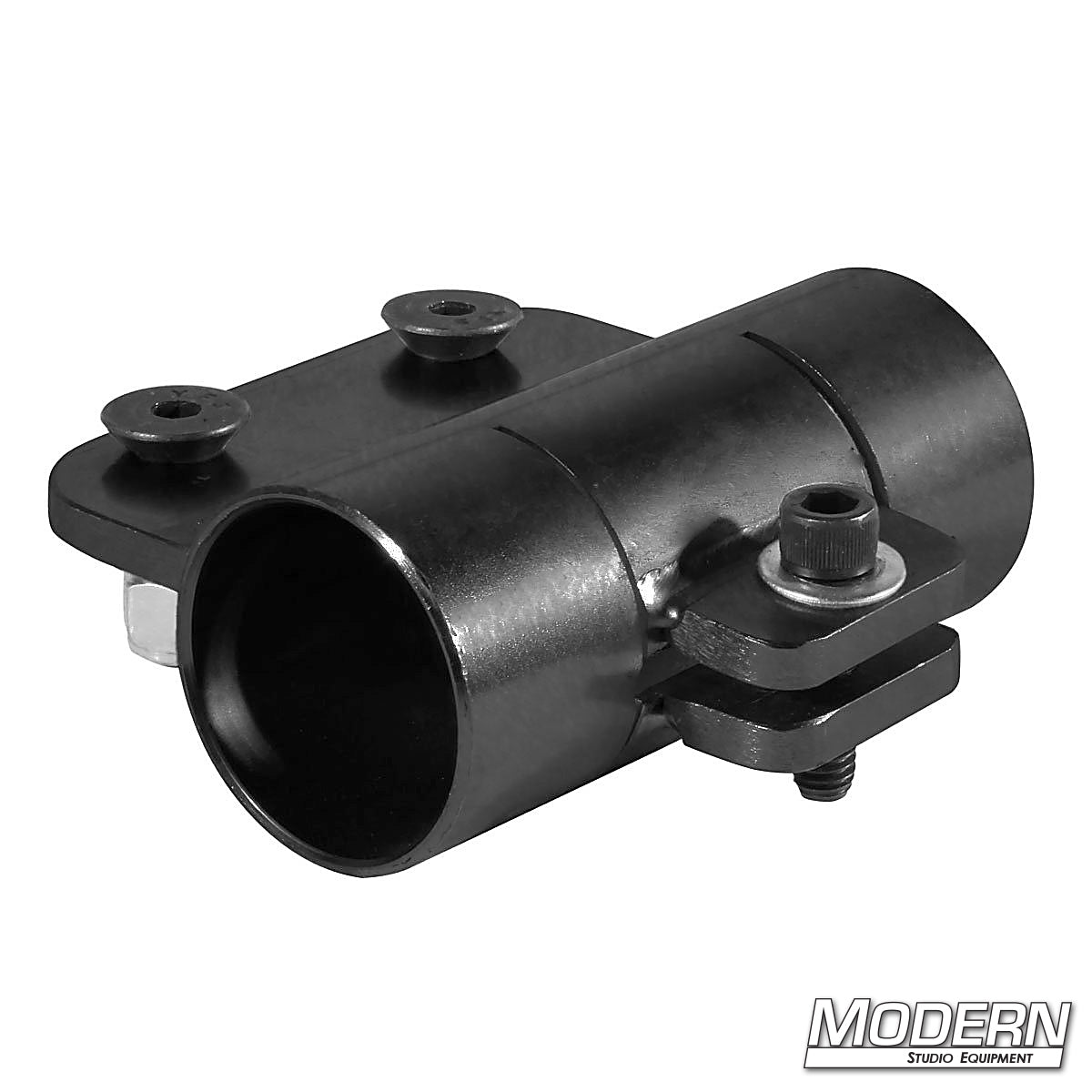 Black metal plate slider bracket designed to clamp on to a 1-1/4 inch Schedule 40 aluminum Speed-Rail.