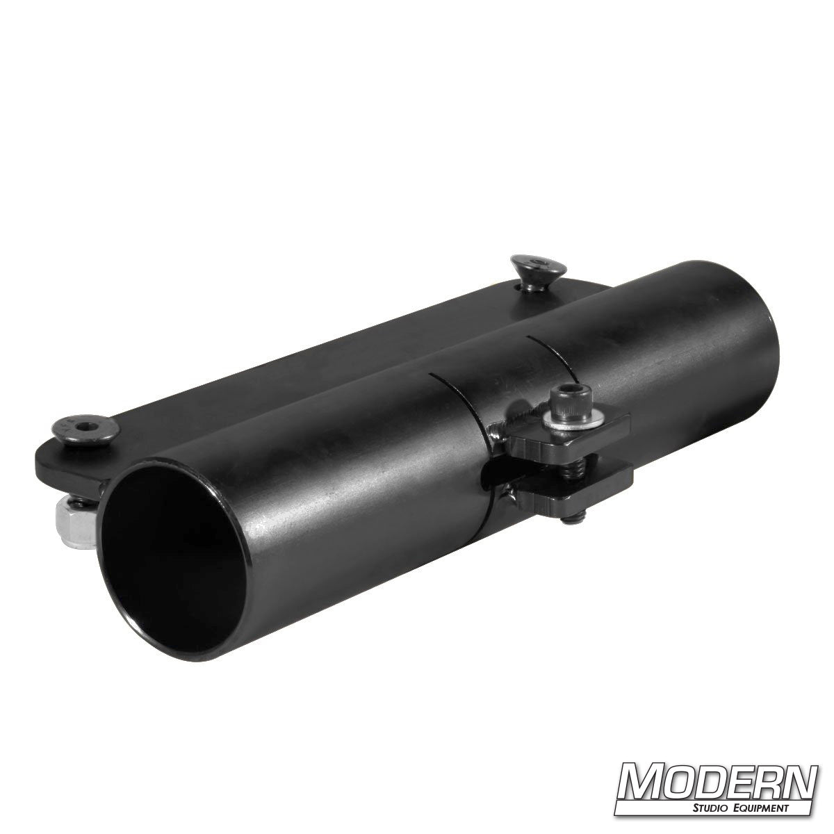 A black metal plate slider bracket designed to clamp onto a 1-1/2" aluminum Speed-Rail.