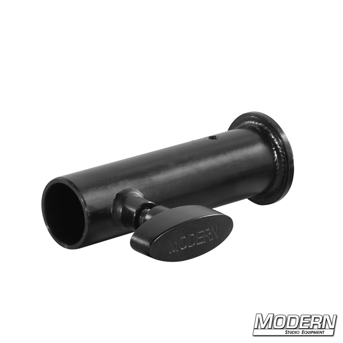 1-1/8" Junior Receiver to 3/8"-16 female adapter with T-handle for mounting lighting, camera accessories, grip equipment, and studio hardware.