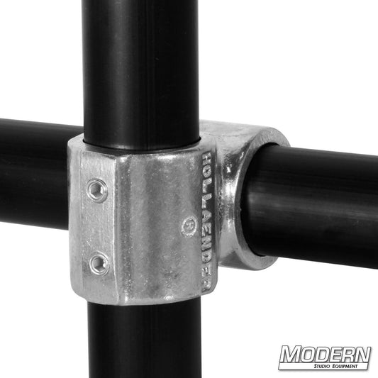 Hollaender® Fitting Short Barrel Cross — aluminum Speed-Rail® connector for joining four 90-degree pipes in grip, lighting, and studio rigging setups | Modern Studio Equipment