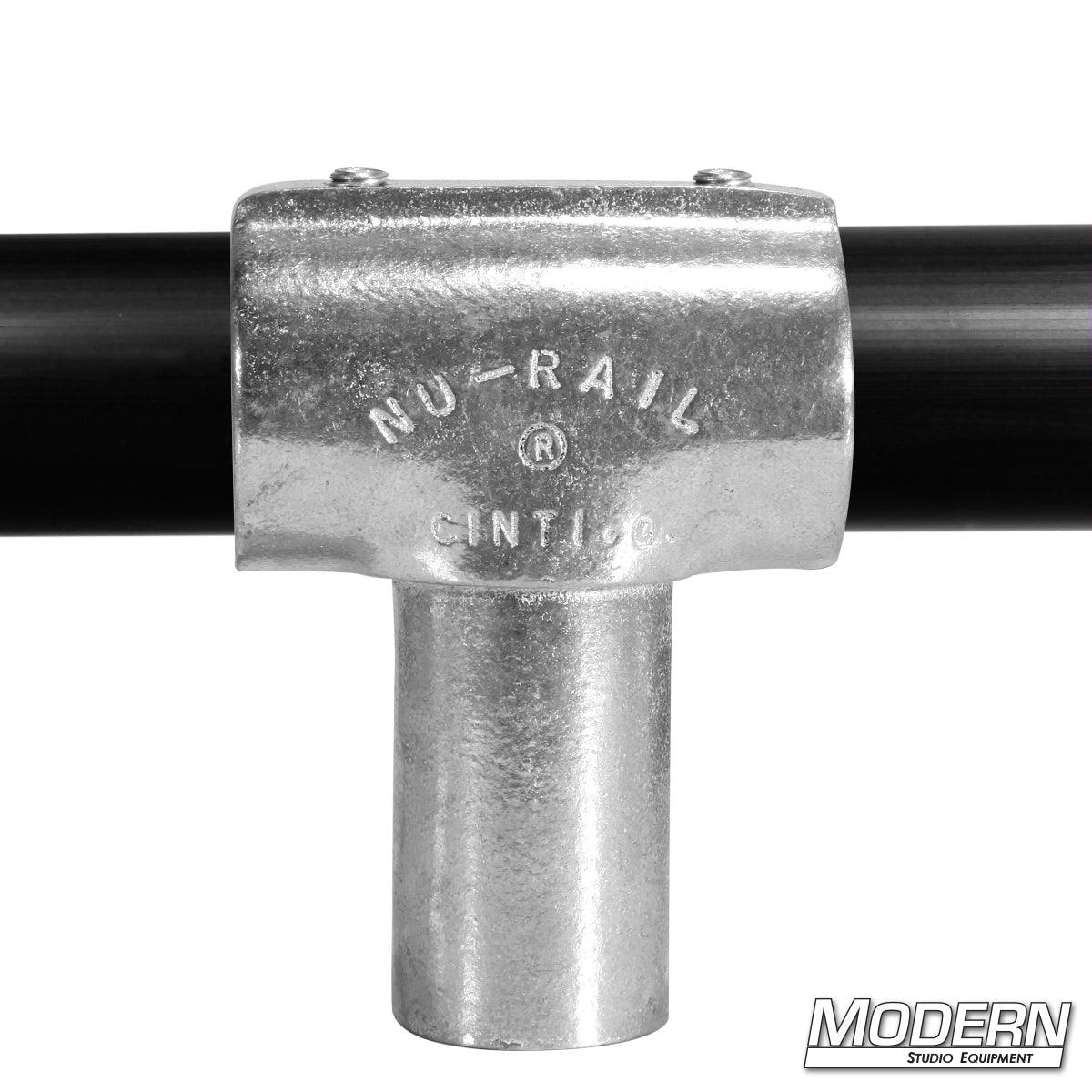 Metal pipe fitting with 'NU-RAIL' branding on a white background