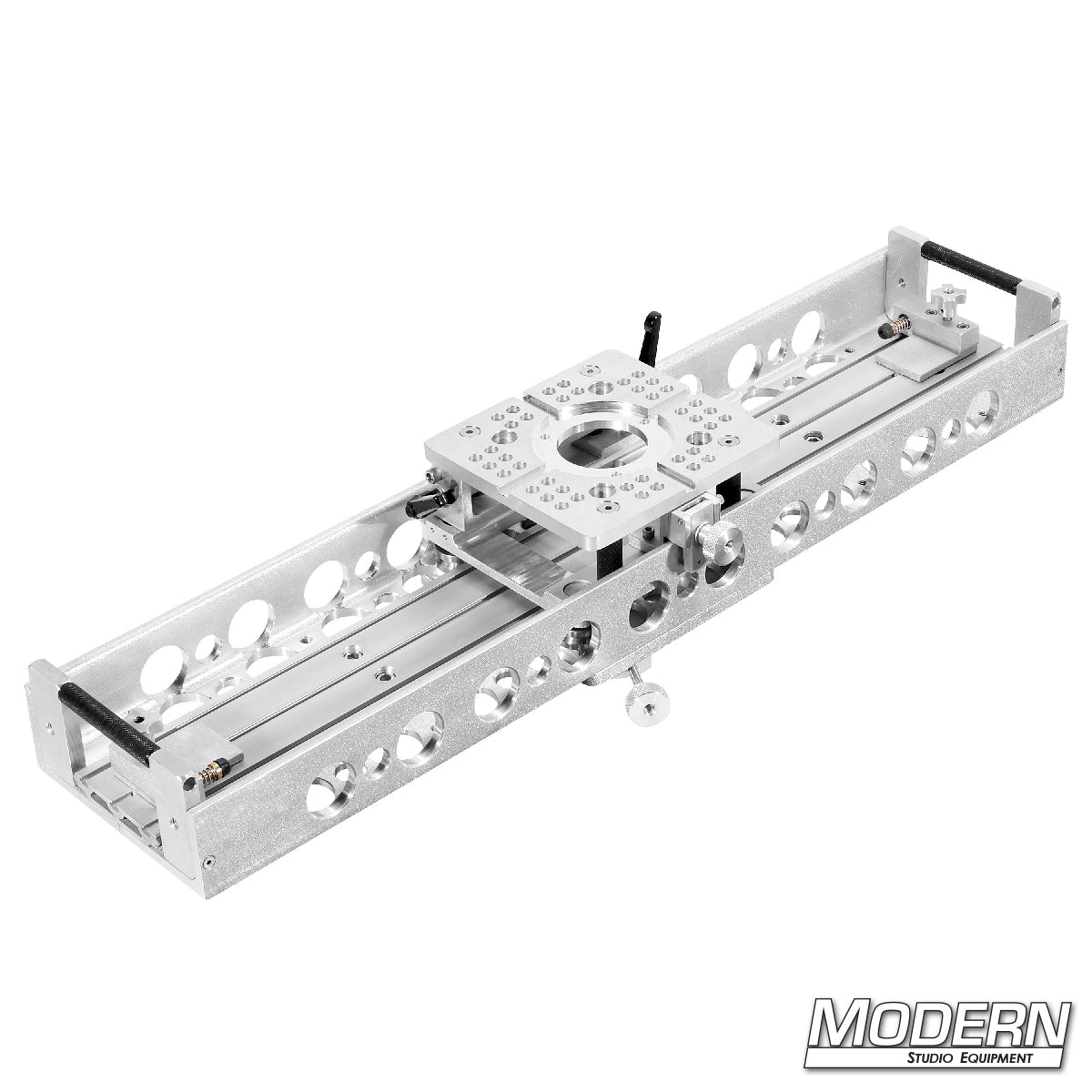 Professional camera slider featuring a rotating 360-degree swivel base for precise video movement