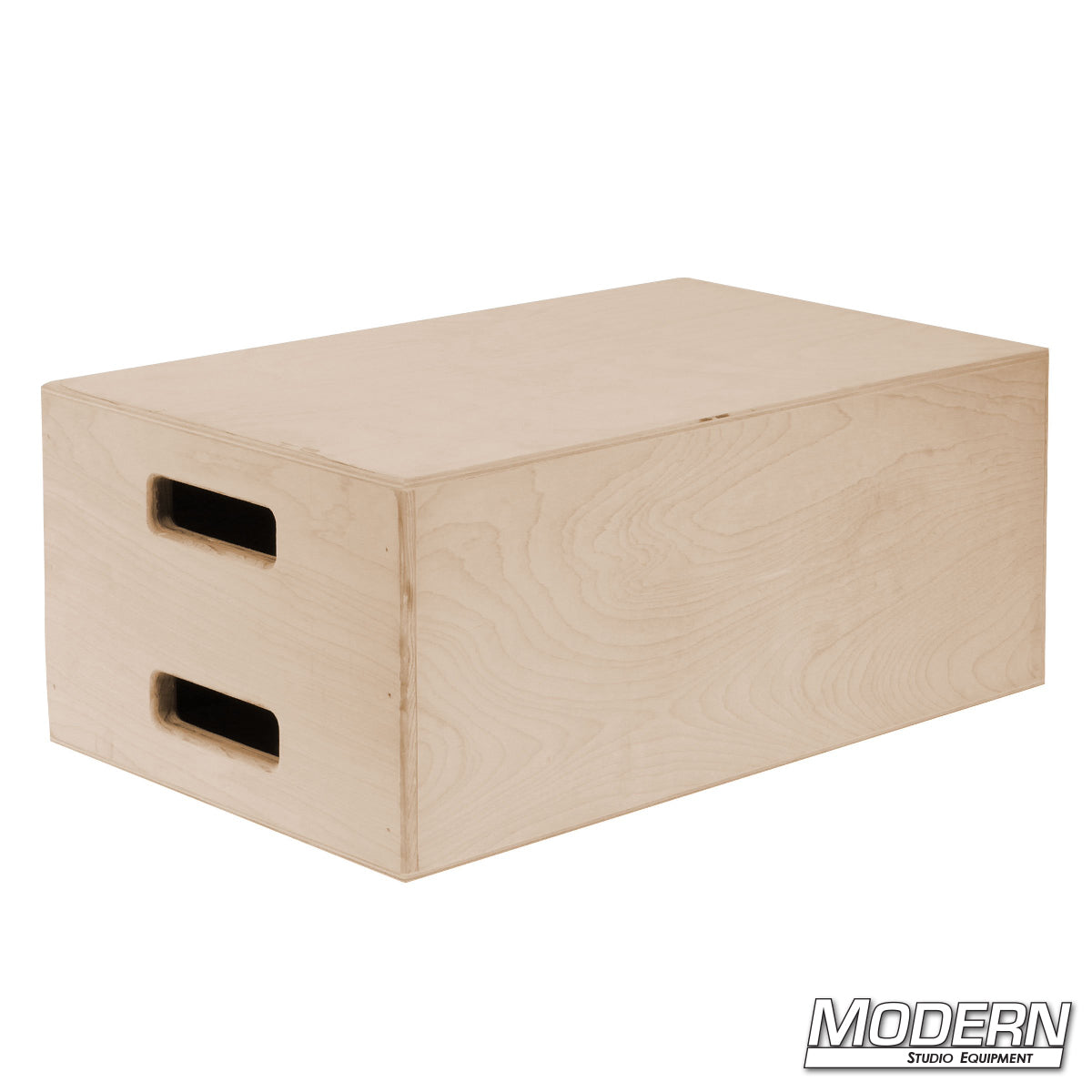 A beige wooden apple box with handles on the sides, displaying a clean natural finish with smooth rounded corners and edges.