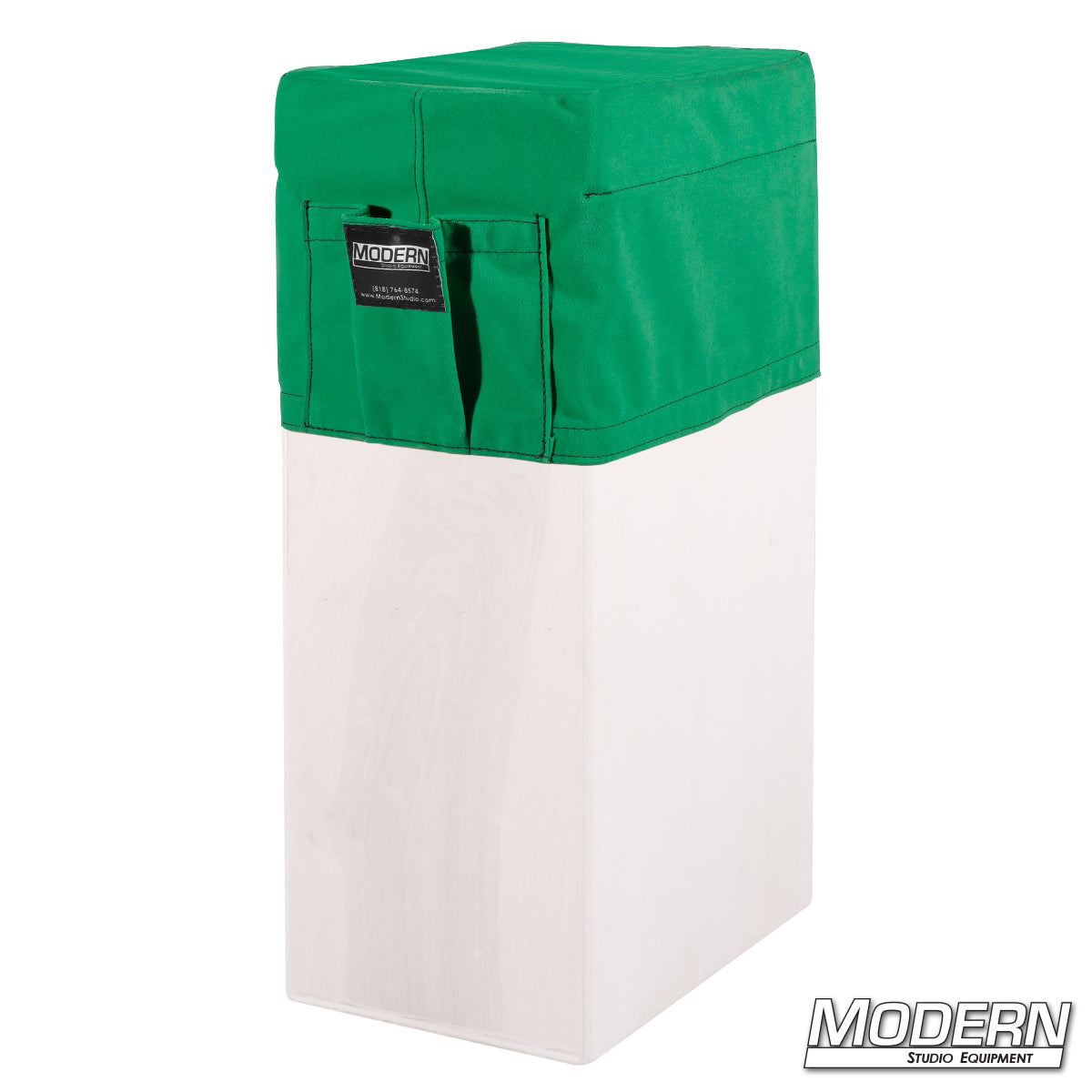 Green fabric Vertical Apple Box Seat Cover with Pocket – durable protective cover for film set gear