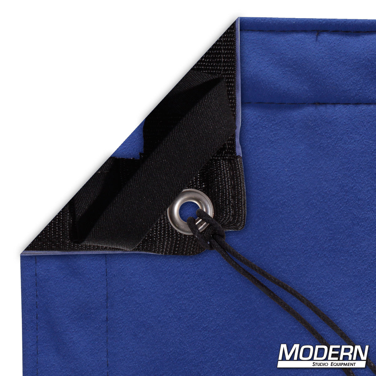 Chromakey Blue Screen slip-on textile for visual effects, compositing, film production, and virtual production with webbing, grommets, ties, and elastic corners.