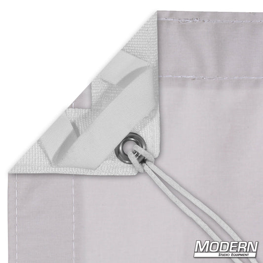 Day Gray Muslin slip-on textile with webbing, grommets, ties, and elastic corners for professional film, photography, and stage backings