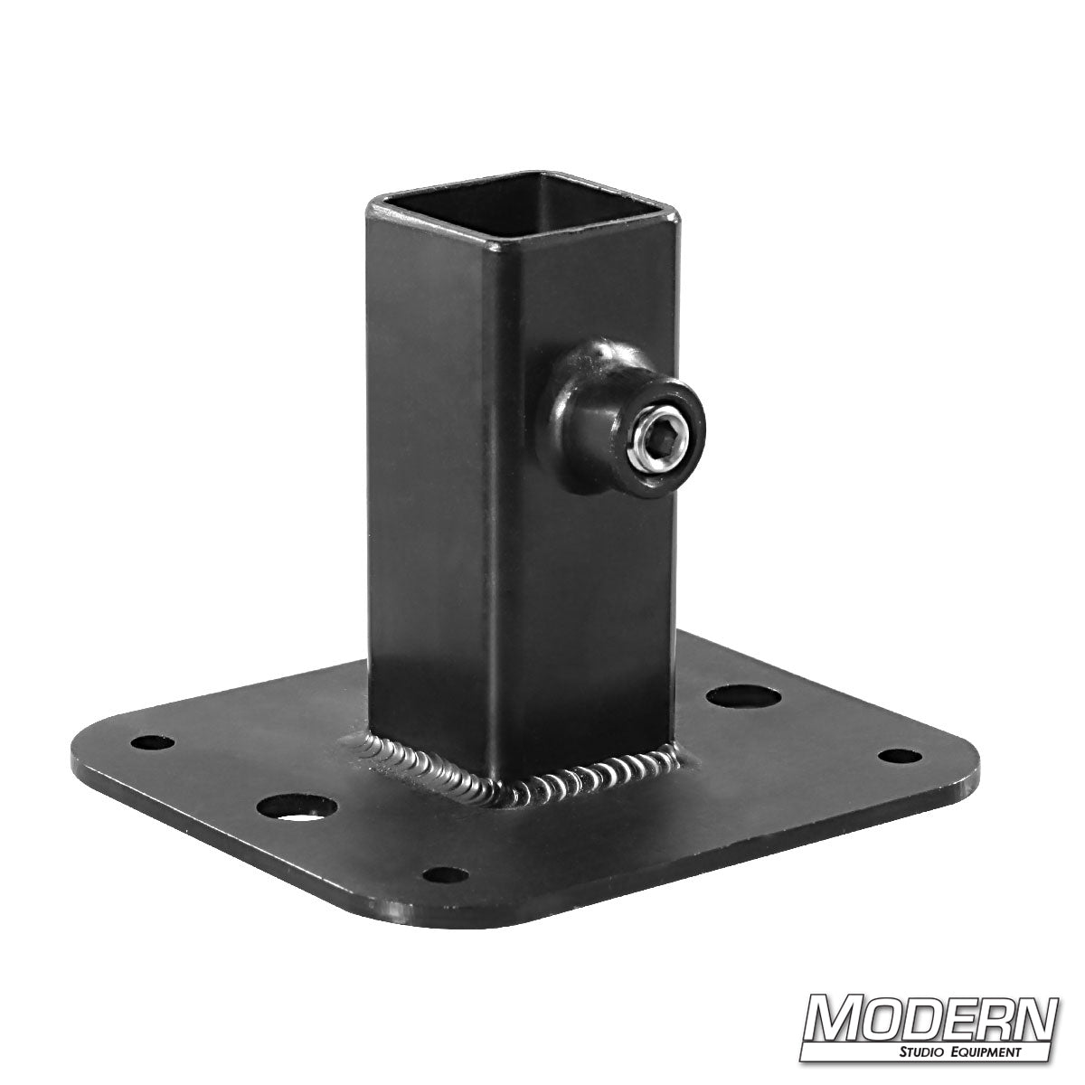 Flange base for 1 inch square aluminum tube with mounting plate and set screw for film production rigging