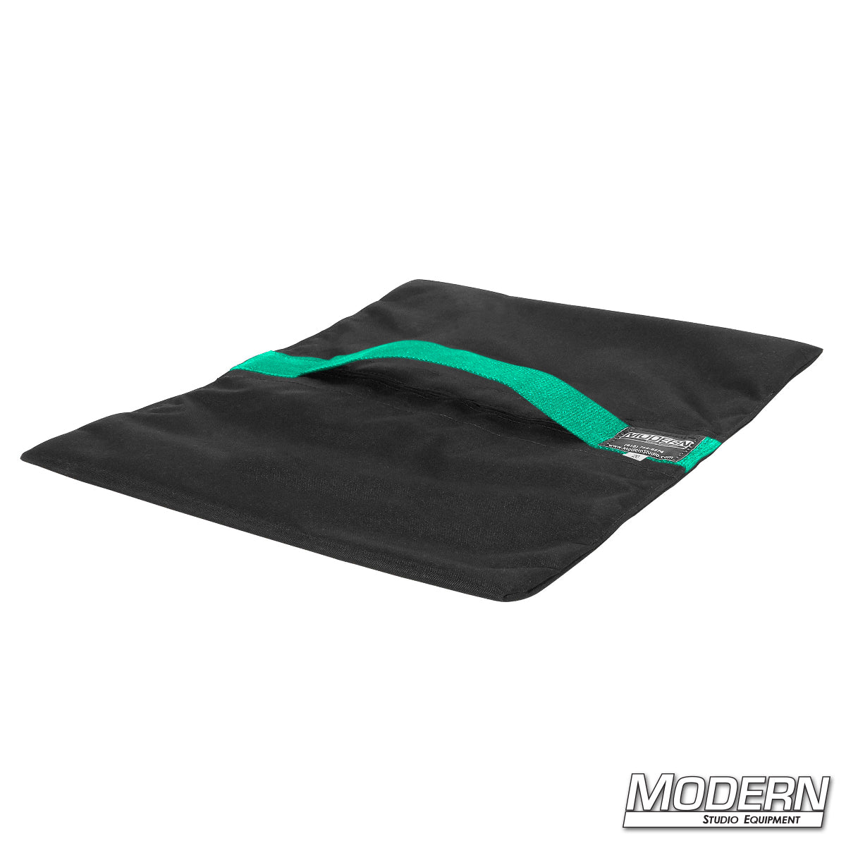Flyaway sandbag 20 lb for film and TV grip equipment, used for stabilizing stands and rigging setups in green.