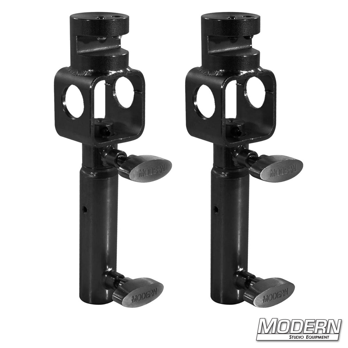 A pair of black steel i-beam clamps with swivel receivers and hand screws.