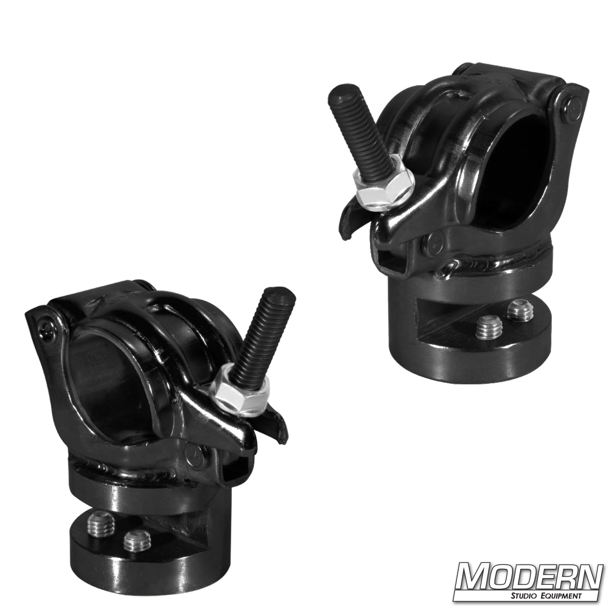 Set of two heavy-duty I-Beam Grid Clamps for adapting 1-1/4 inch and 1-1/2 inch Schedule 40 Speed-Rail® to structural I-beams for film, television, studio lighting, and overhead rigging.