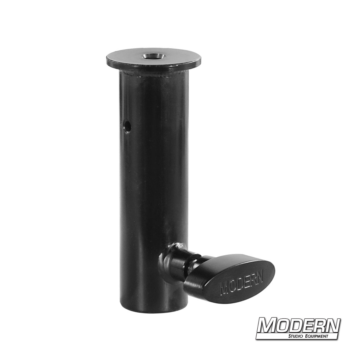 1-1/8" Junior Receiver to 3/8"-16 female adapter with T-handle for mounting lighting, camera accessories, grip equipment, and studio hardware.