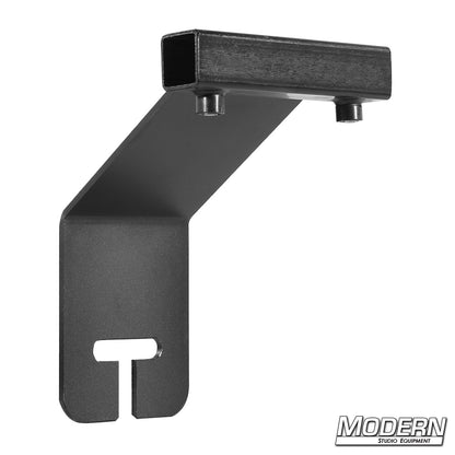 Black steel Offset Ear for 1-inch square aluminum tubing featuring an angled mounting bracket and set screws for film grip and rigging applications.