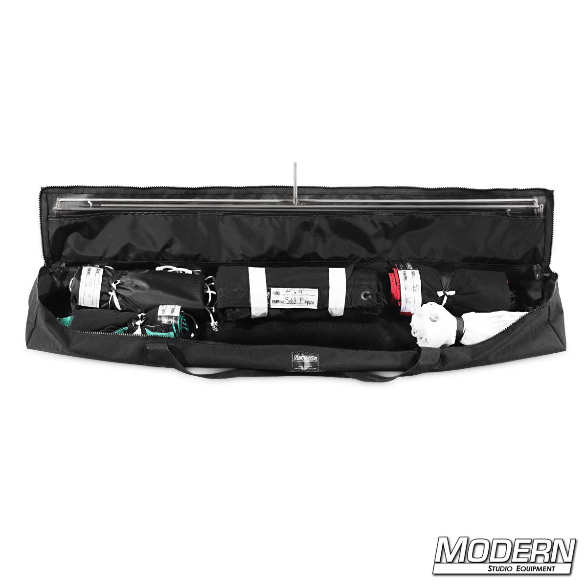 On The Go 48" x 48" Foldable Frame Kit with foldable frame, diffusion fabrics, Ultrabounce, Commando Cloth floppy, and carrying bag for film, television, photography, and studio lighting.