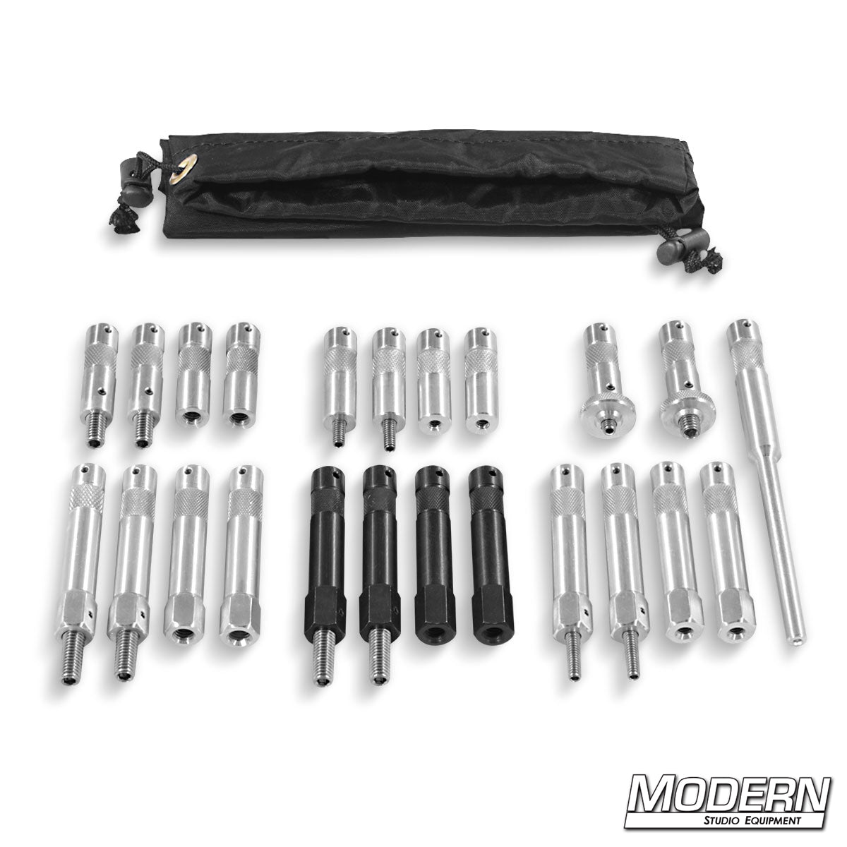 On The Go Baby Pin Kit with assorted aluminum and steel baby pins, threaded adapters, and carrying bag for professional grip and rigging applications.