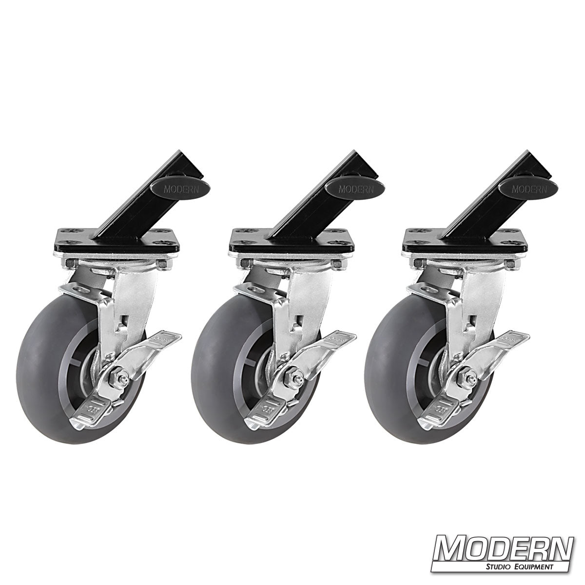 Set of 3 locking caster wheels with slip-on adapters designed to convert our Steadicam stand into a mobile roller stand for studio and film production.
